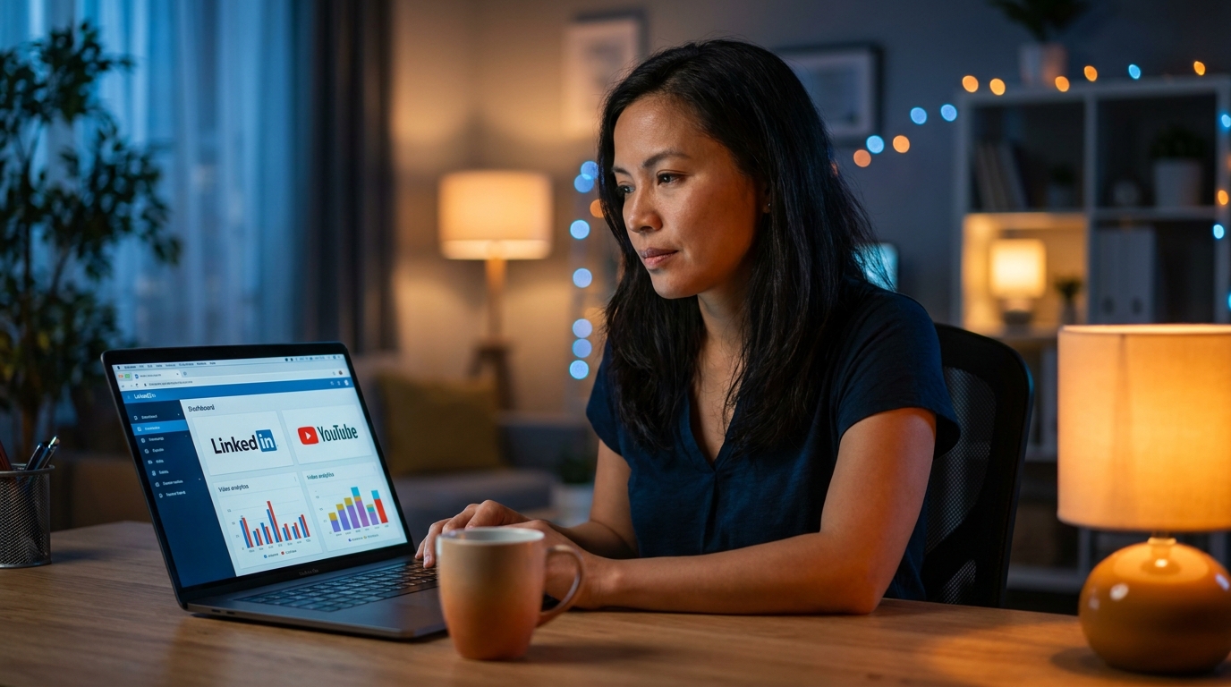 Professionnel du marketing utilisant la vidéo marketing B2B sur LinkedIn et YouTube dans un espace de travail moderne, illustrant l'importance de la vidéo marketing B2B.