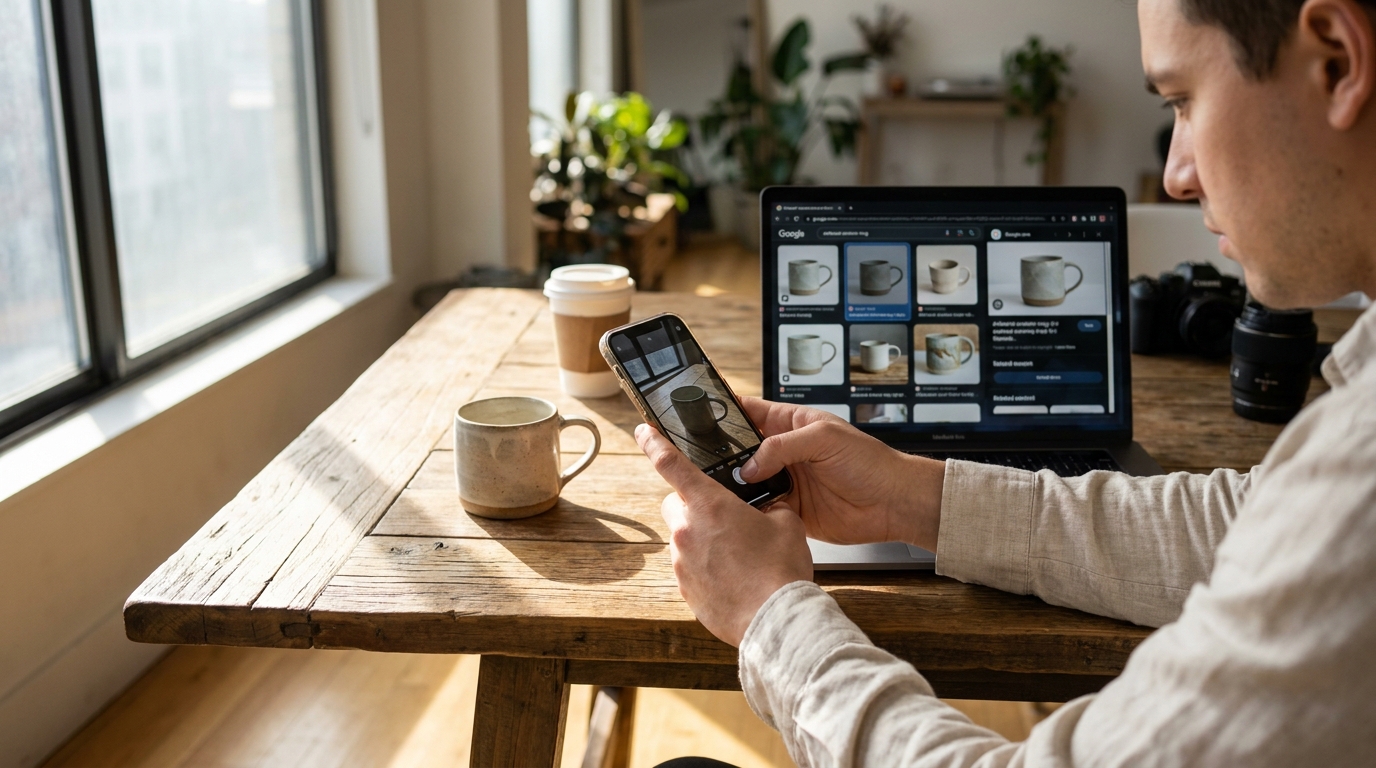 Spécialiste marketing utilisant Google Lens sur smartphone pour tester la recherche multimodale avec produit physique visible