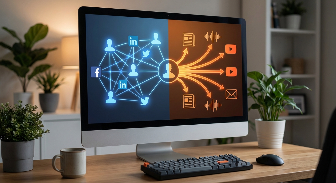 Comparaison réseaux sociaux vs médias sociaux avec exemples de plateformes et formats de contenu B2B