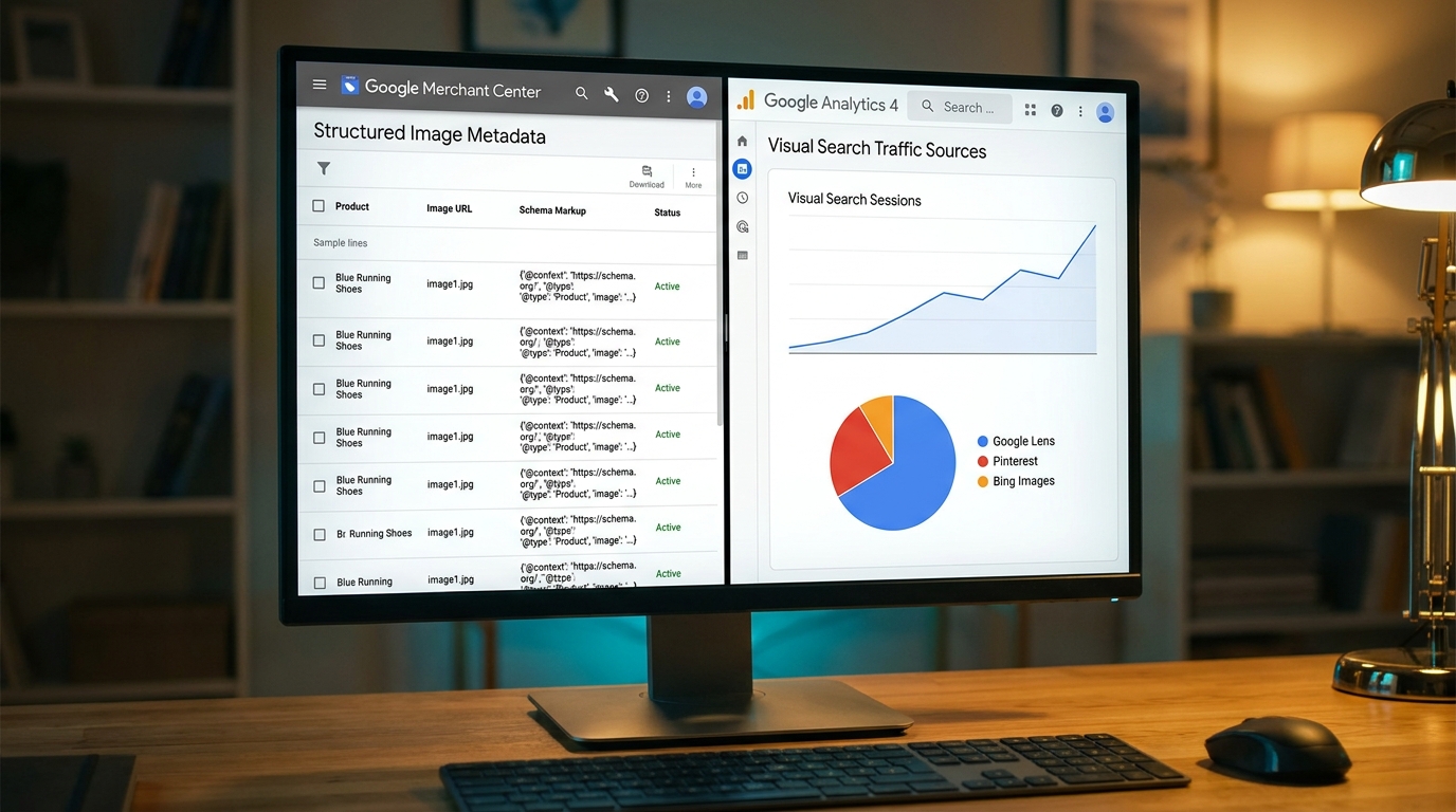 Interface Google Merchant Center et Analytics 4 affichant données structurées et sources trafic de la recherche multimodale