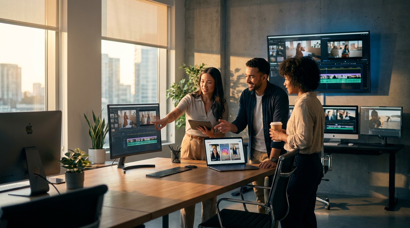 Équipe marketing B2B en pleine atomisation de contenu vidéo pour maximiser l'impact de leur vidéo marketing B2B.