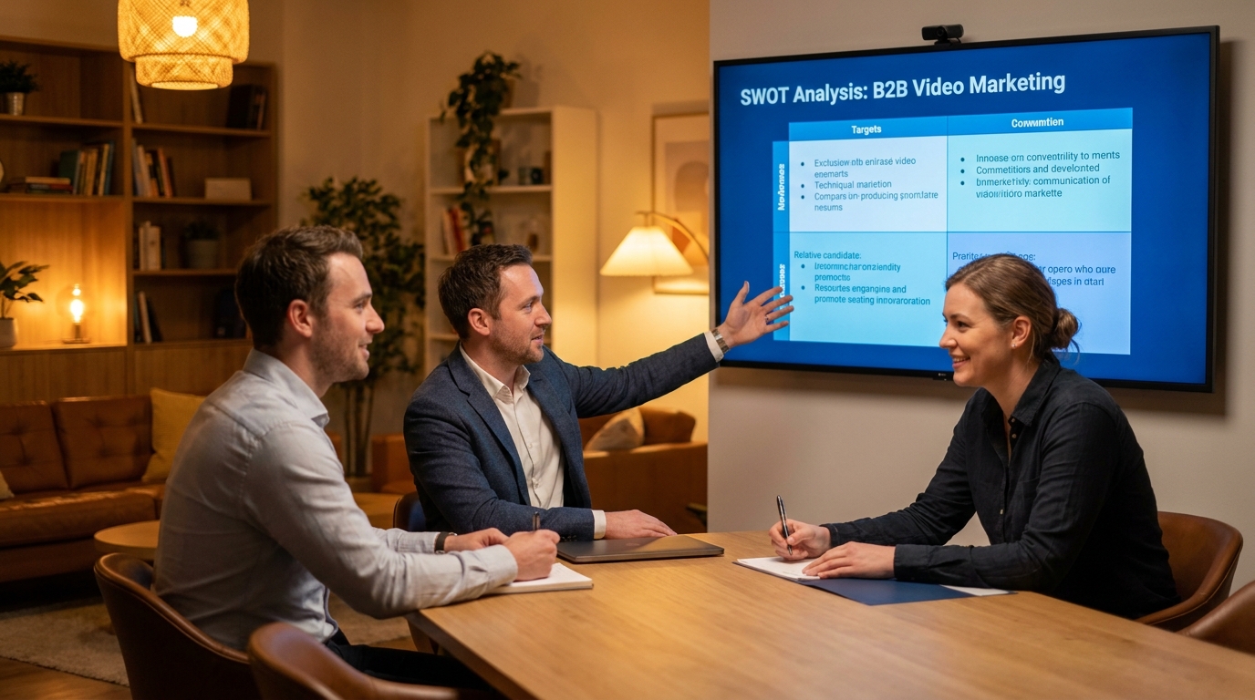 Réunion stratégique analysant le SWOT du vidéo marketing B2B, mettant en lumière les enjeux clés de la vidéo marketing B2B.