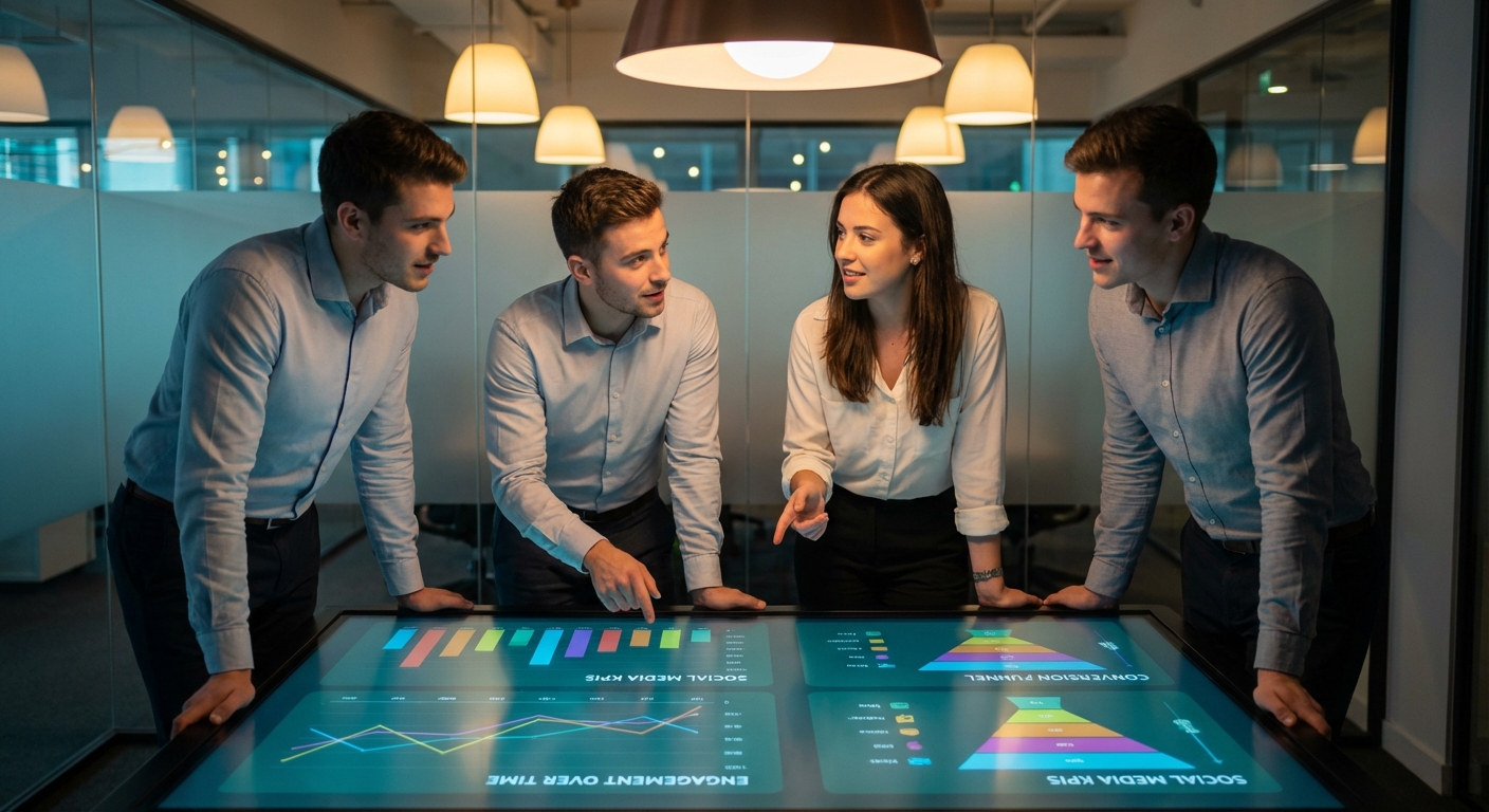 Tableau de bord analytics social media B2B montrant les KPI clés de performance des réseaux sociaux